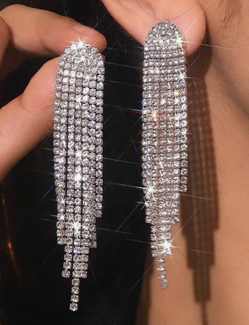 Silver Diamante Long Tassle Earrings